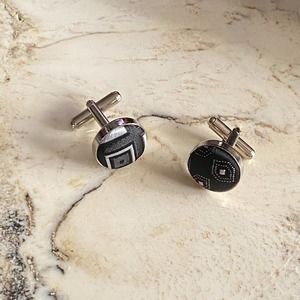 MADMEN Black Silk Silver Modern GQ Cufflinks NEW MidCentury mcm Geometric design